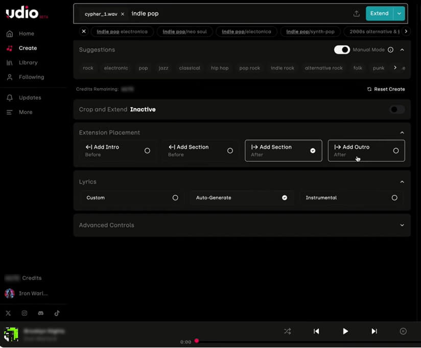 Udio AI audio extender