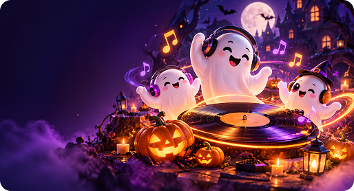 Freundliche Geister spielen Halloween-Musik auf einem Plattenspieler